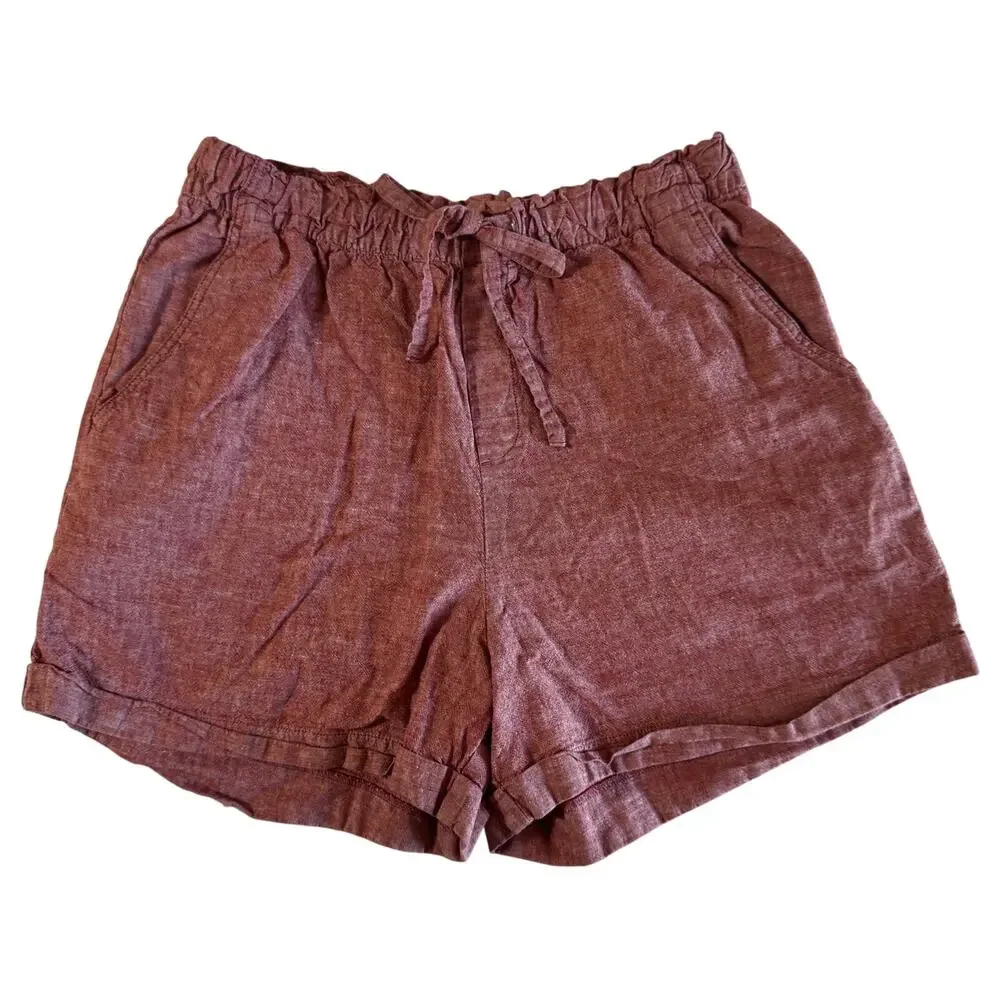 Linen Cotton Shorts Women's Medium Red Chambray Euro Summer Coastal Resort Vacay - Picture 2 of 9